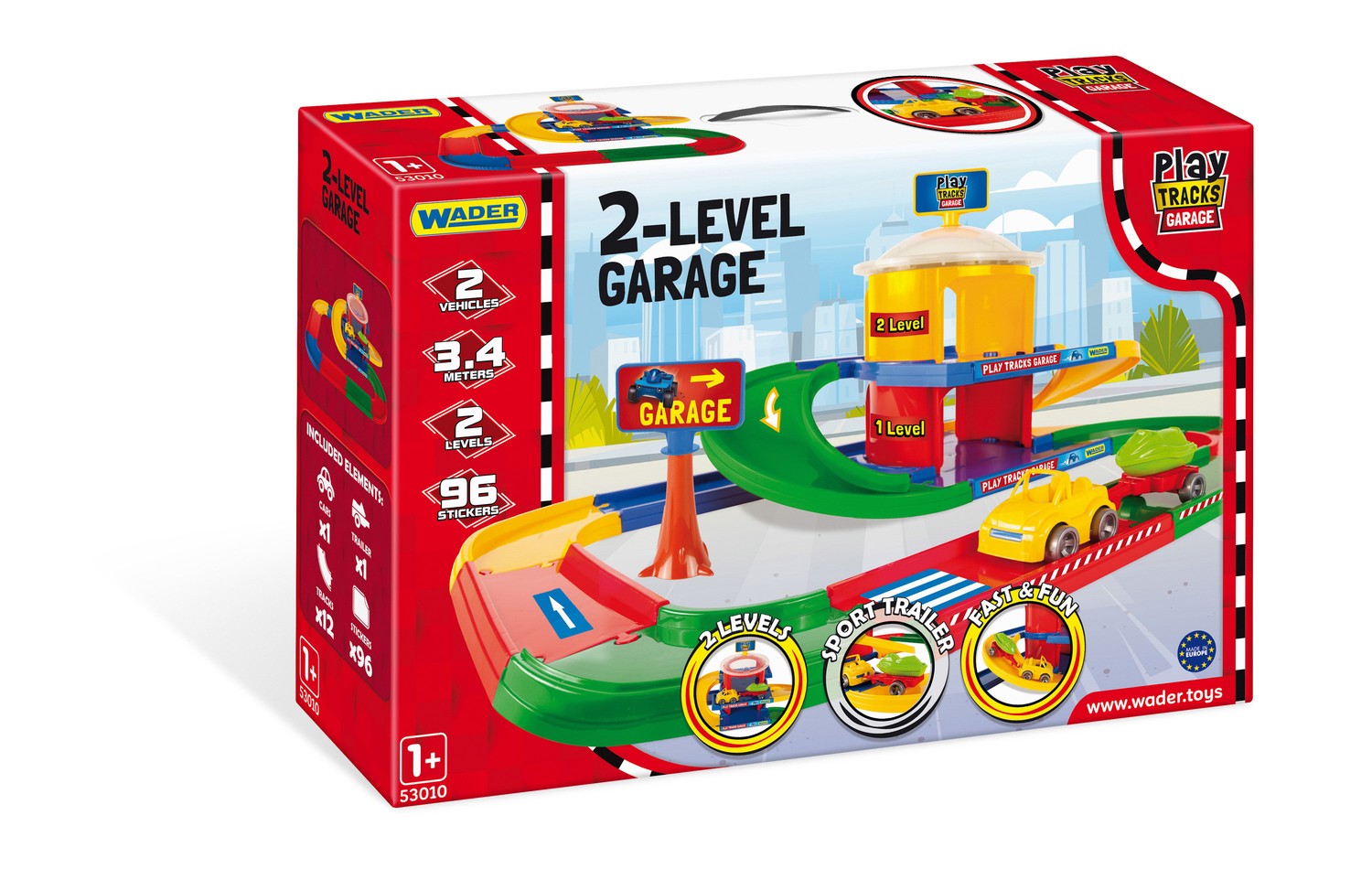 2-vånings parkeringsgarage för barn med bil och släpvagn