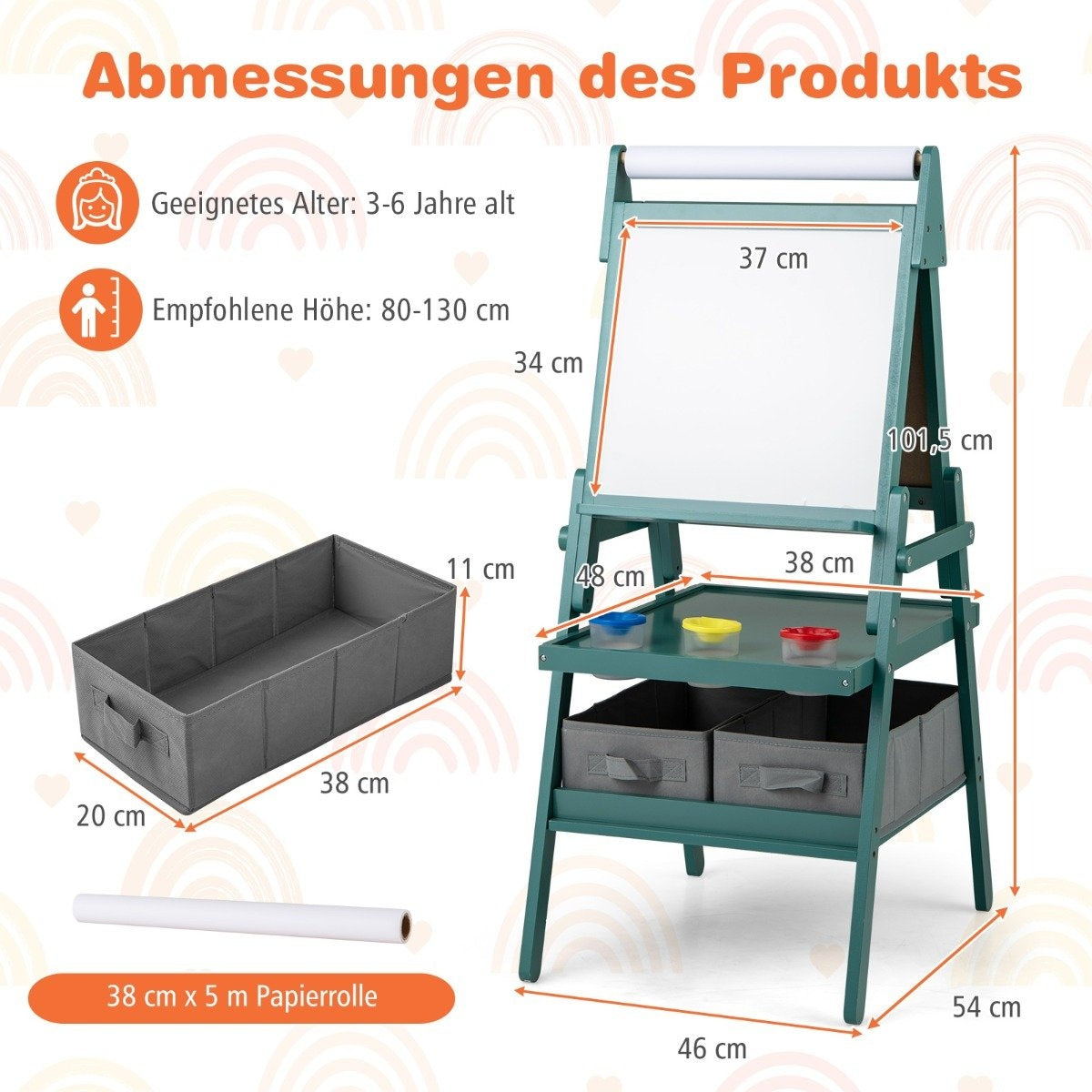 3-i-1 barn staffli med svarta tavla, whiteboard och pappersrulle