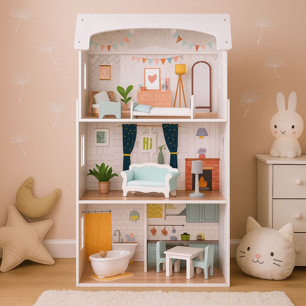 Alice Dollhouse – 3 våningar, 4 rum, set med 9 möbler ECOTOYS