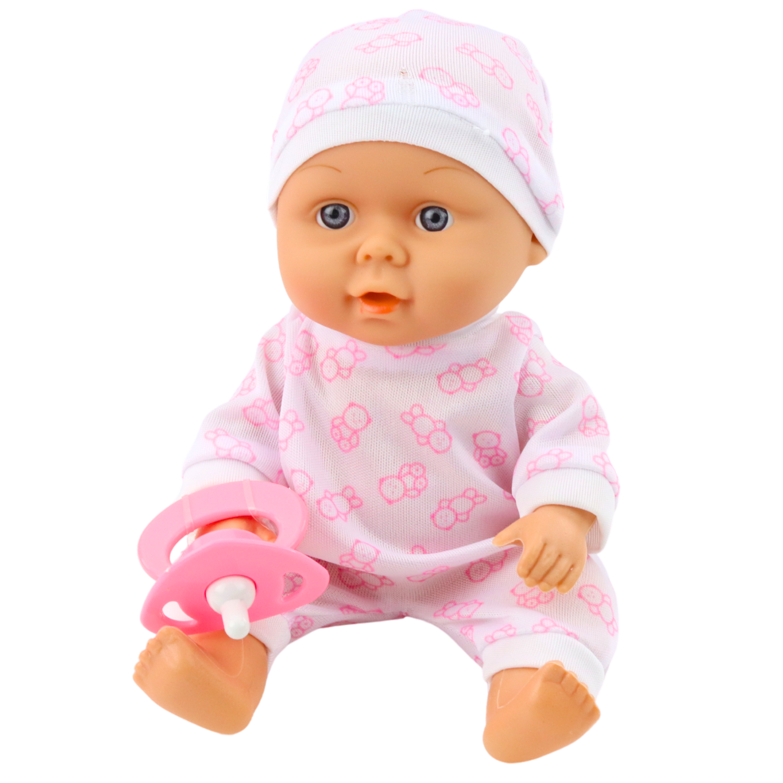 Babydocka med bärsele, pyjamas, mössa, napp - rosa