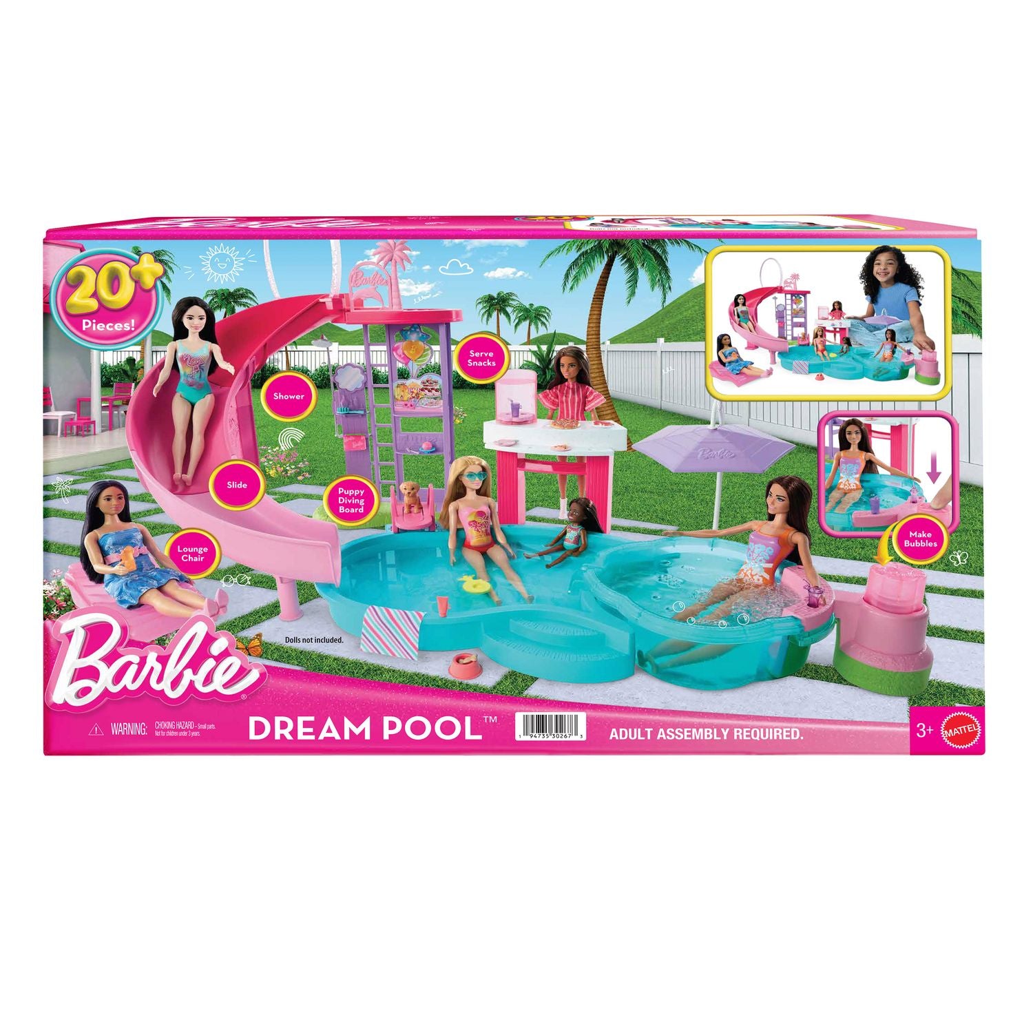 Barbie Poollekset med Rutschkana och Bubbelpool, 17 Tillbehör