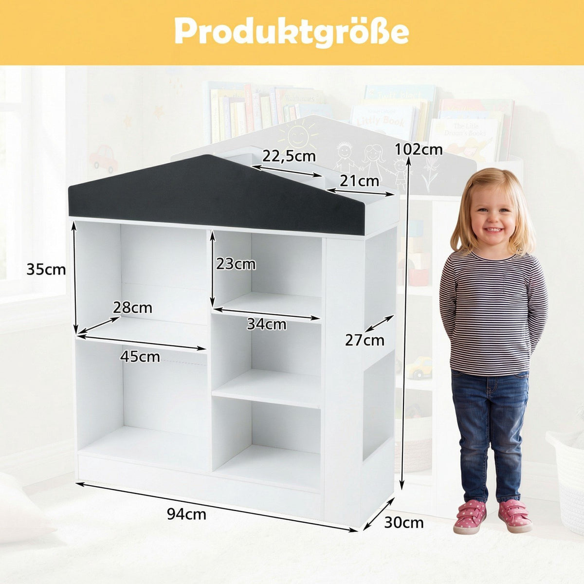 Barnbokhylla med svart tavla och 11 fack