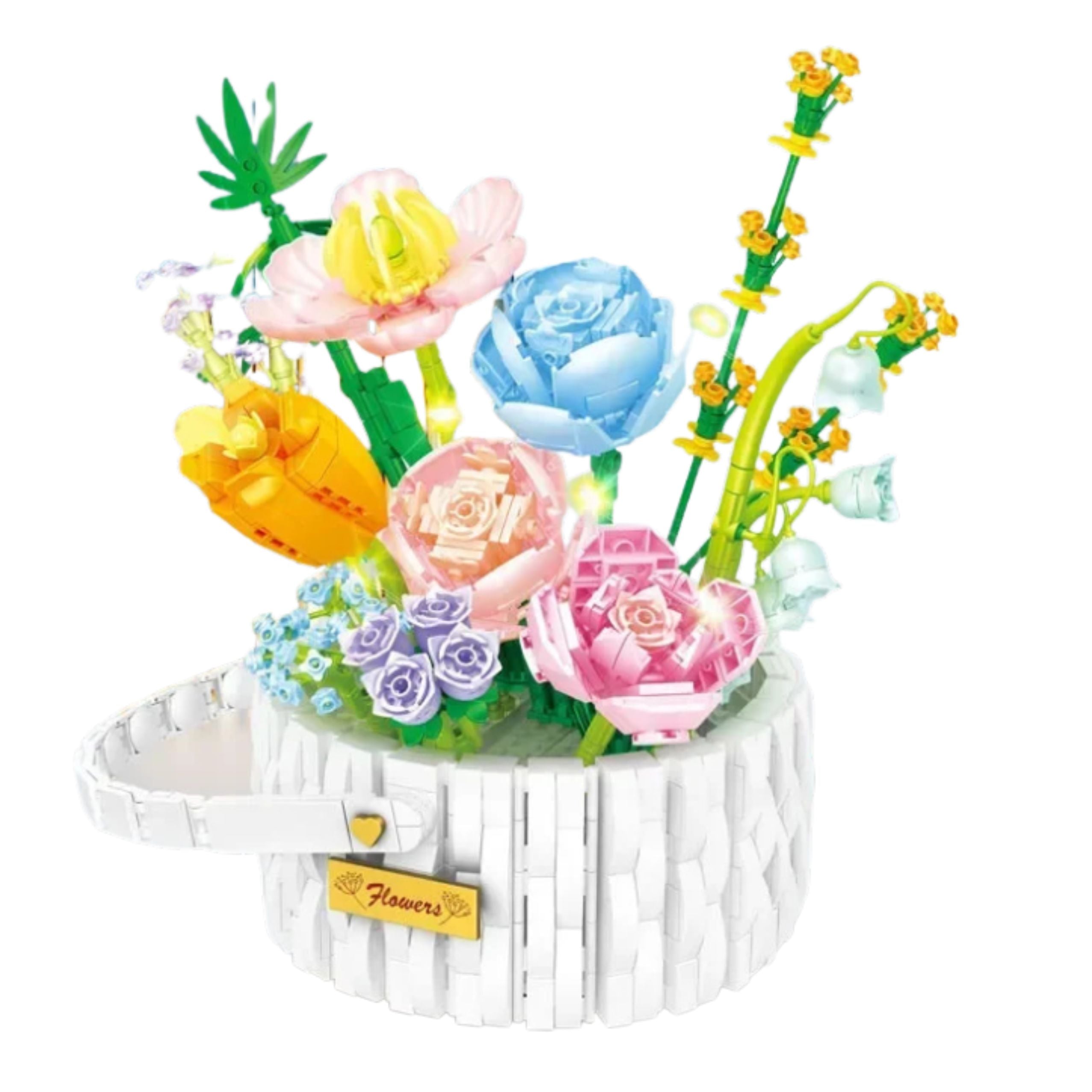 Blomkorg byggklossar med LED-lampor, 1376 delar