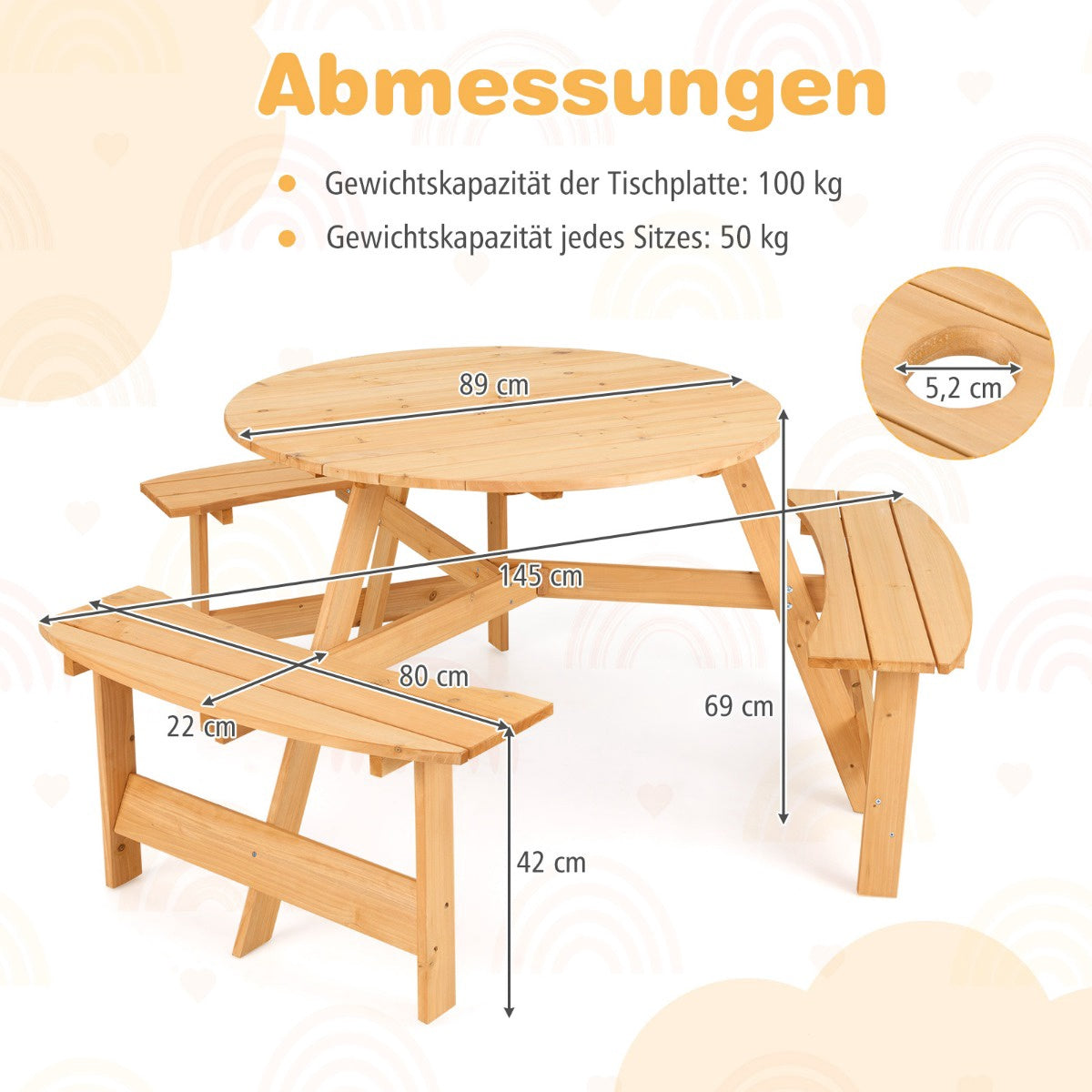 Picknickbord och bänk i trä för barn, paraplyhål