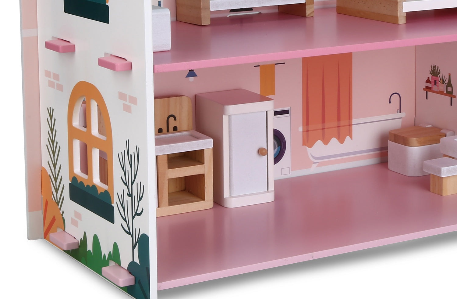 Trädockhus med möbler, tvåvåningshus, 45x42x23 cm