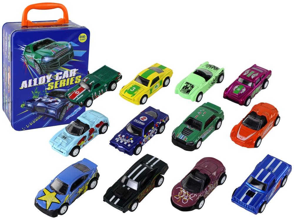 12-delt 1:64 Friction Drive Car Set med metallkoffert