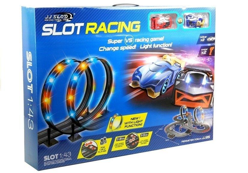 1:43 Slot Cars Race Track: Slingor, LED-ljus, dubbla bilar