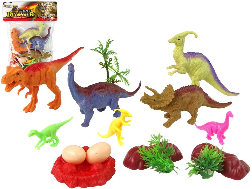 15-delt dinosaursett: 7 dinos, egg, busker, trær