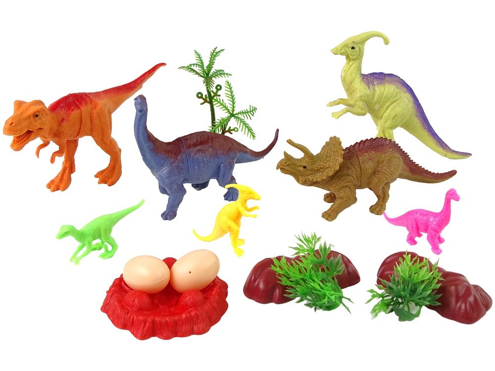 15-delad dinosauriesats: 7 dinos, ägg, buskar, träd