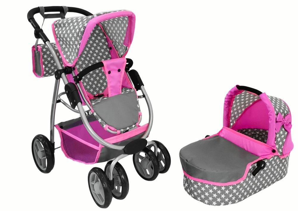 2-i-1 Baby Doll Barnvagn med Bär & Bag - Pink Stars