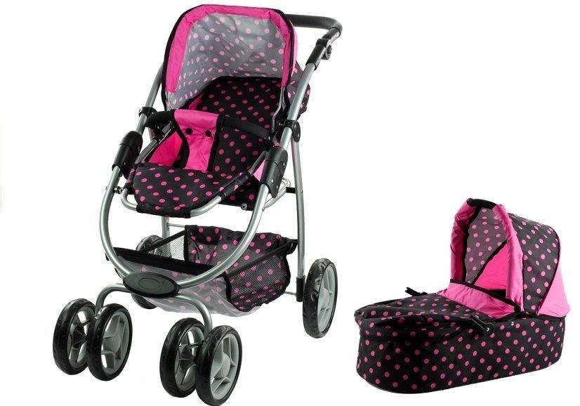 2in1 Doll Buggy &amp; Stroller - Svart med rosa prikker Moro!