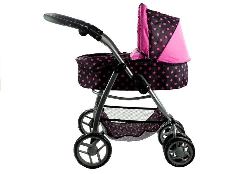 2in1 Doll Buggy &amp; Stroller - Svart med rosa prikker Moro!