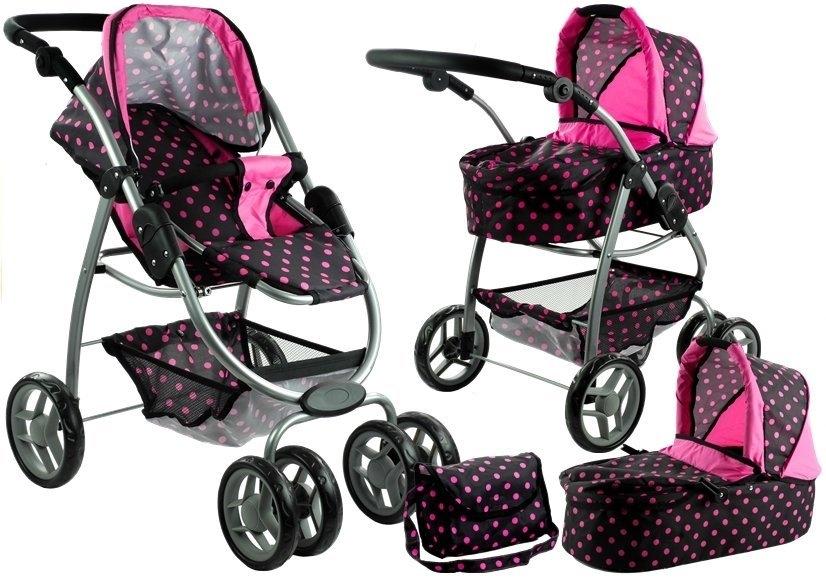 2in1 Doll Buggy &amp; Stroller - Svart med rosa prikker Moro!