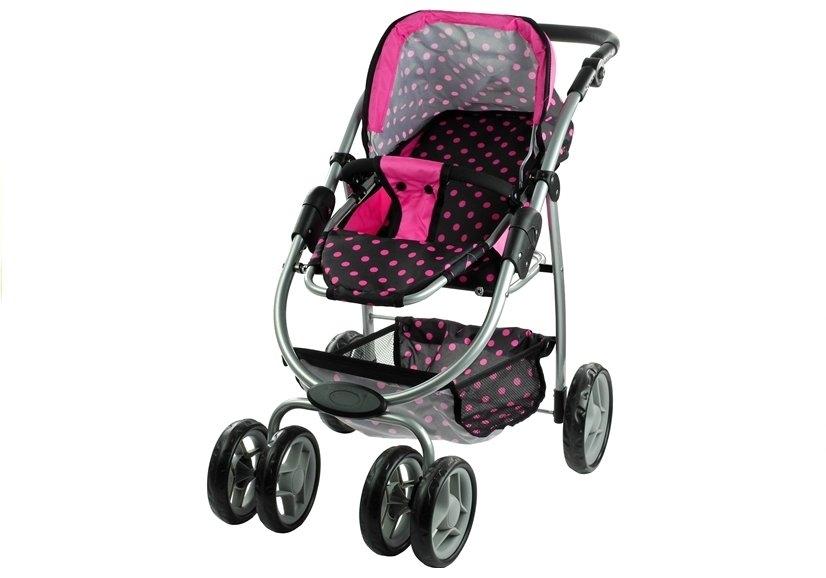 2in1 Doll Buggy &amp; Stroller - Svart med rosa prikker Moro!