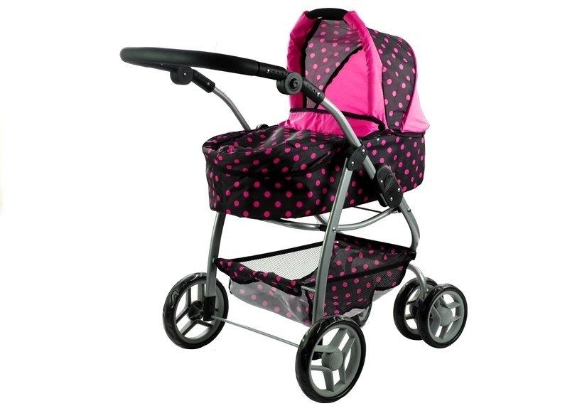 2in1 Doll Buggy &amp; Stroller - Svart med rosa prikker Moro!