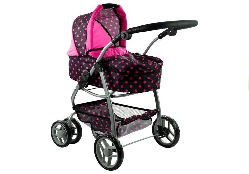 2in1 Doll Buggy &amp; Stroller - Svart med rosa prikker Moro!