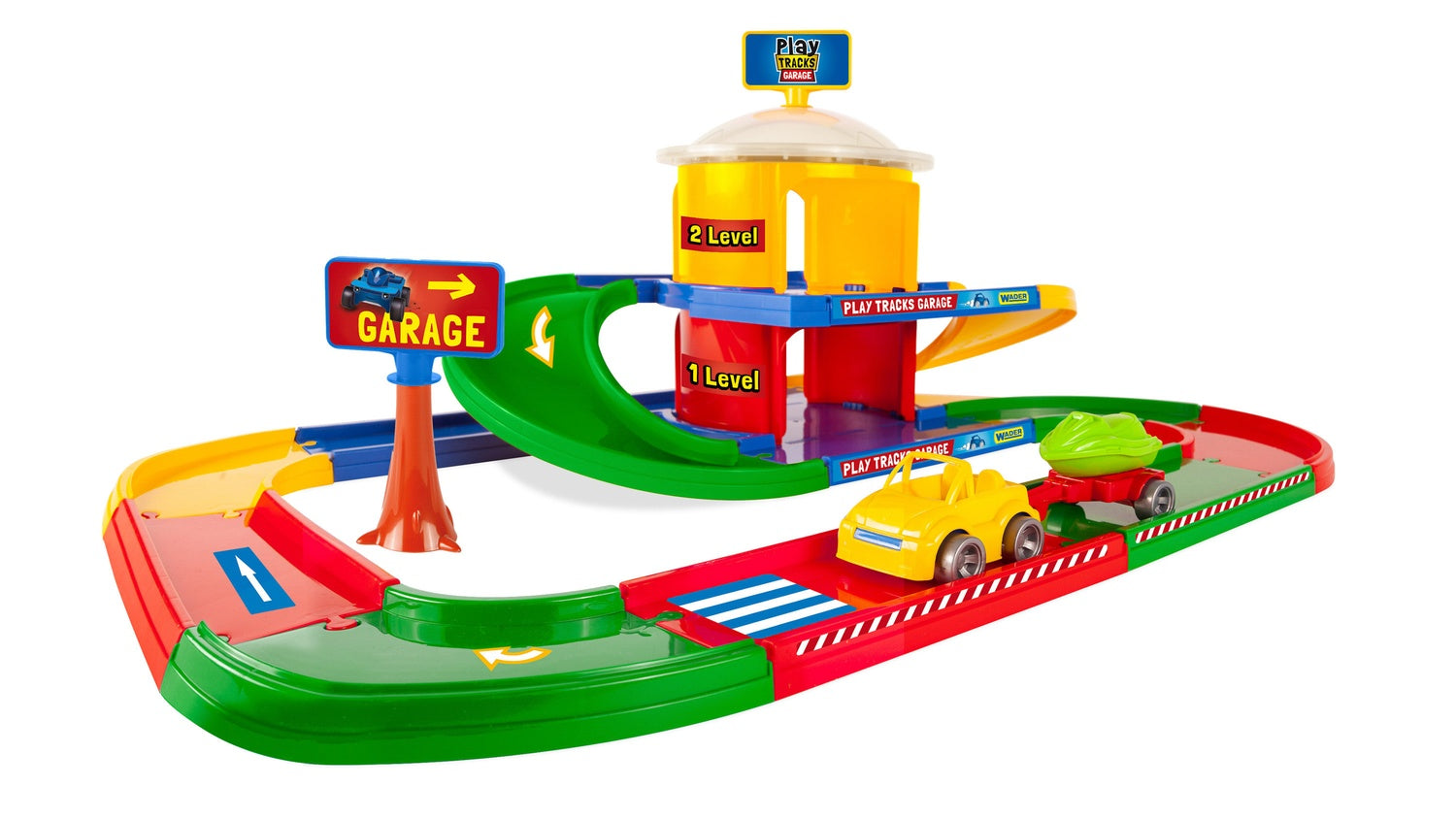 2-vånings parkeringsgarage för barn med bil och släpvagn