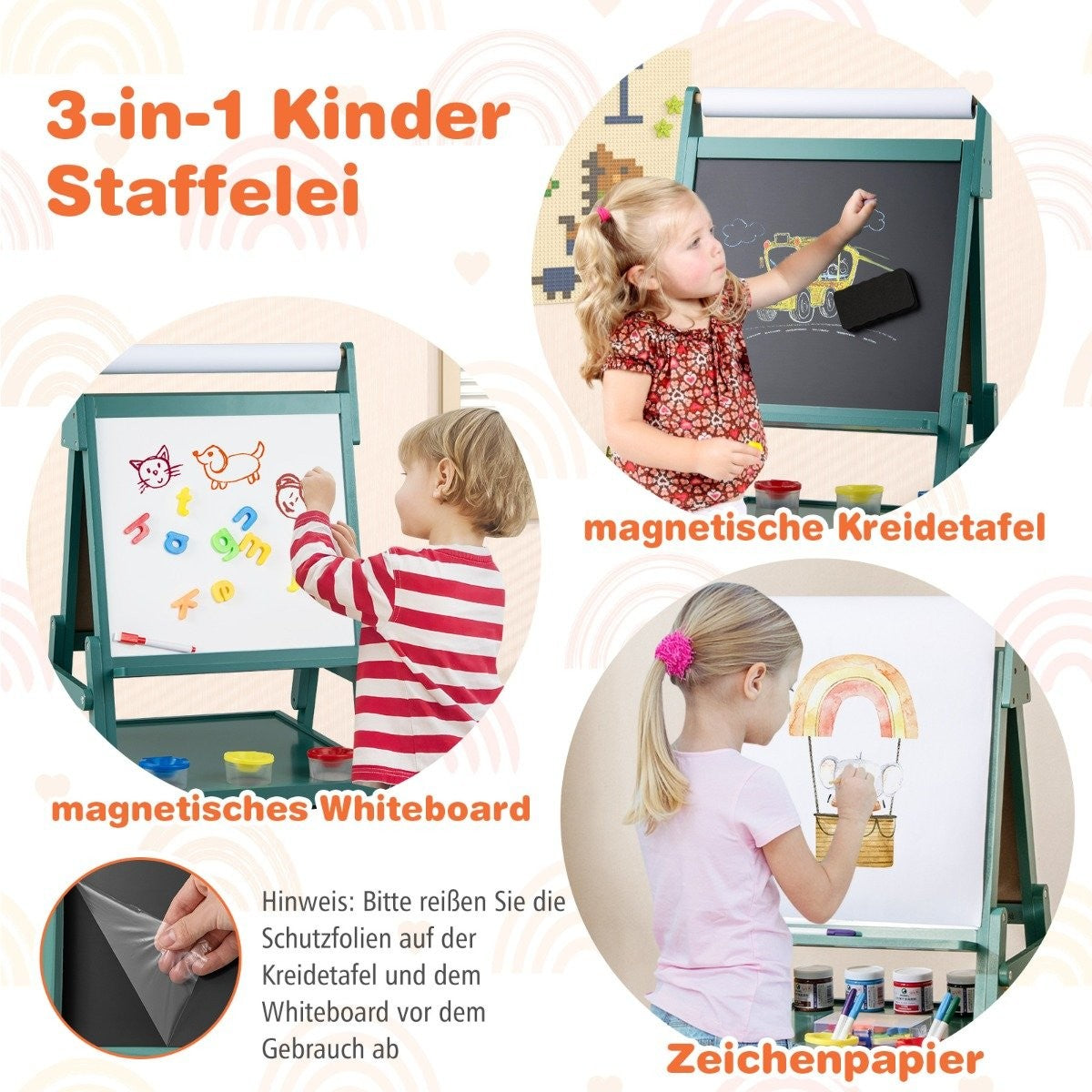 3-i-1 barn staffli med svarta tavla, whiteboard och pappersrulle