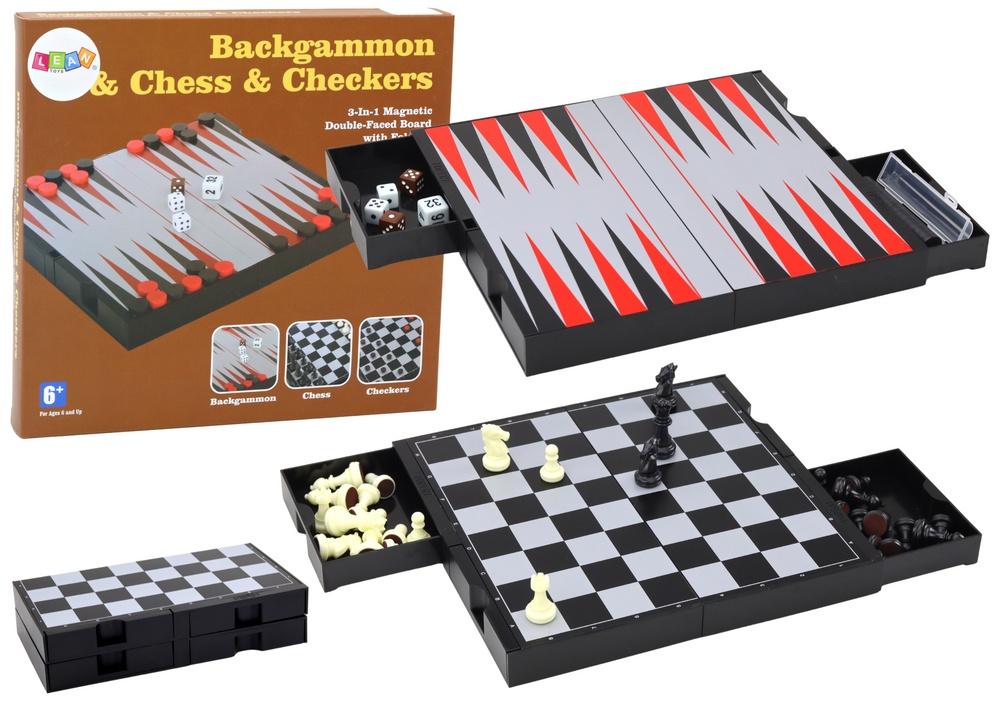 3-i-1 magnetbräde: schack, dam, backgammon kul!