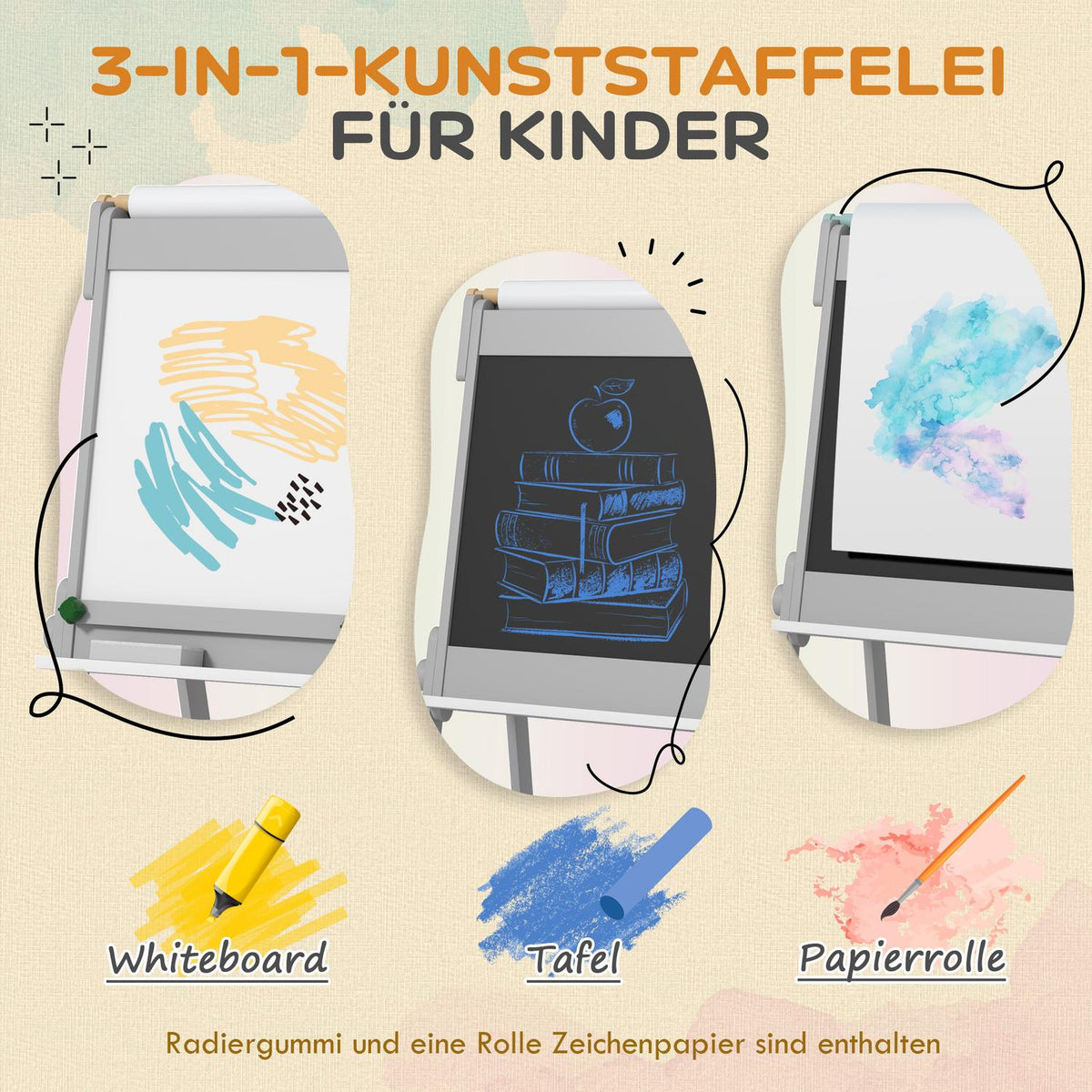 3-i-1 svart tavla för barn, dubbelsidigt staffli för barn med svarta tavla, whiteboard, staffli med suddgummi, ritpapper, förvaringslådor, för barn 3-8 år, grå