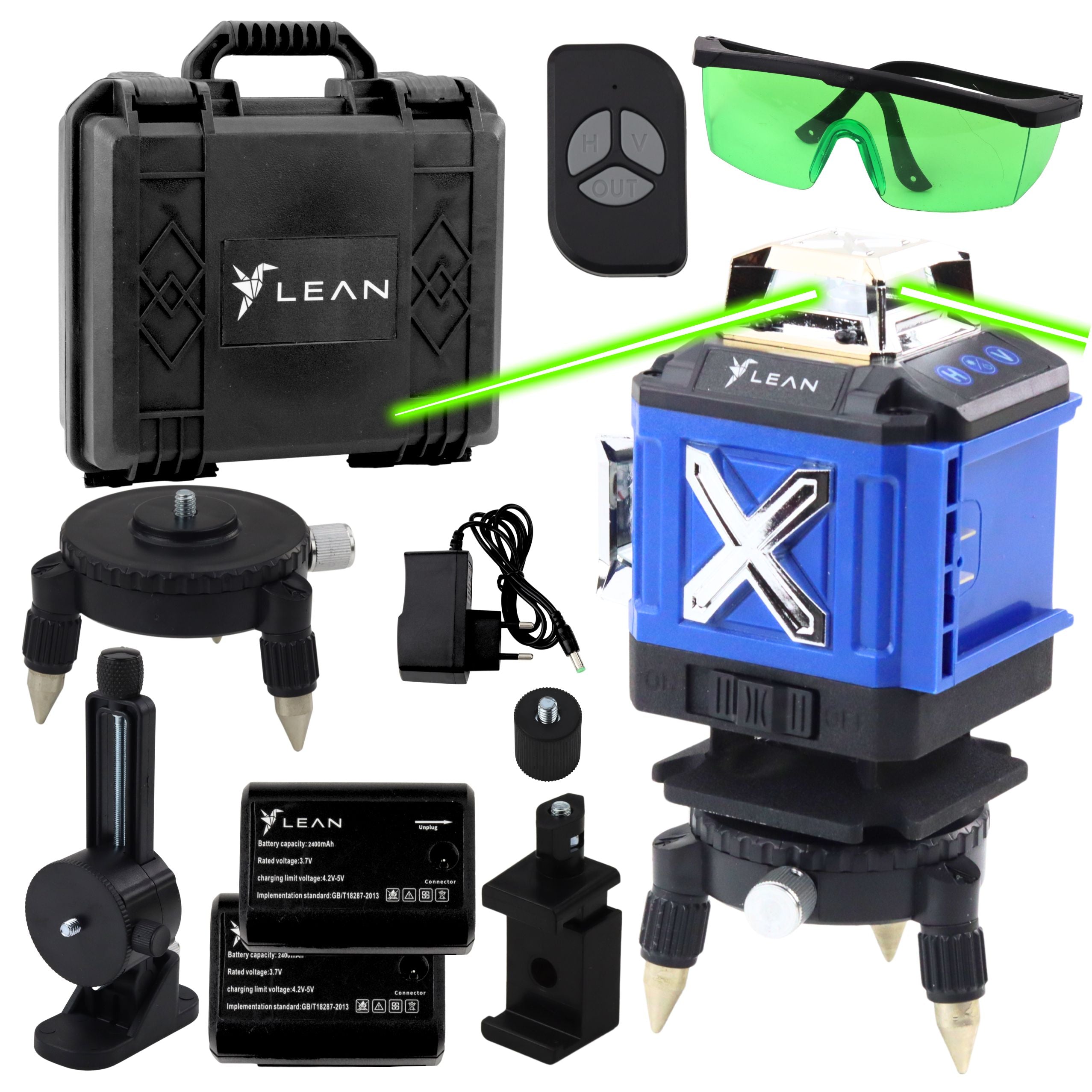 4D lasernivå, 16 linjer, fodral, 2 batterier, blå