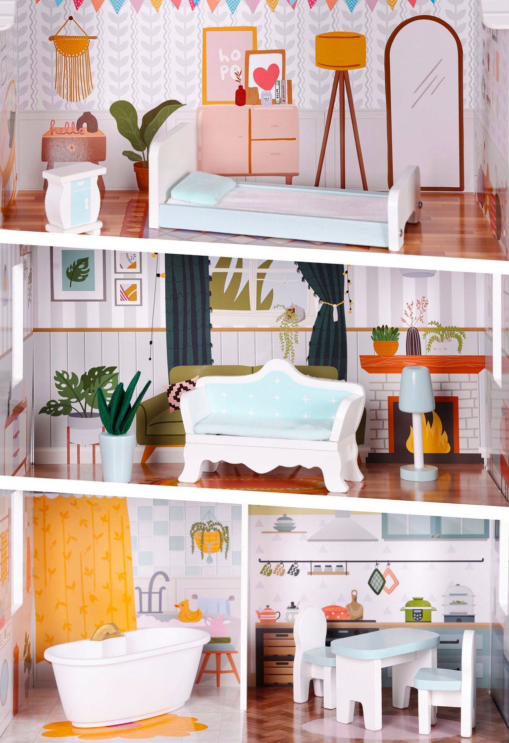 Alice Dollhouse – 3 våningar, 4 rum, set med 9 möbler ECOTOYS