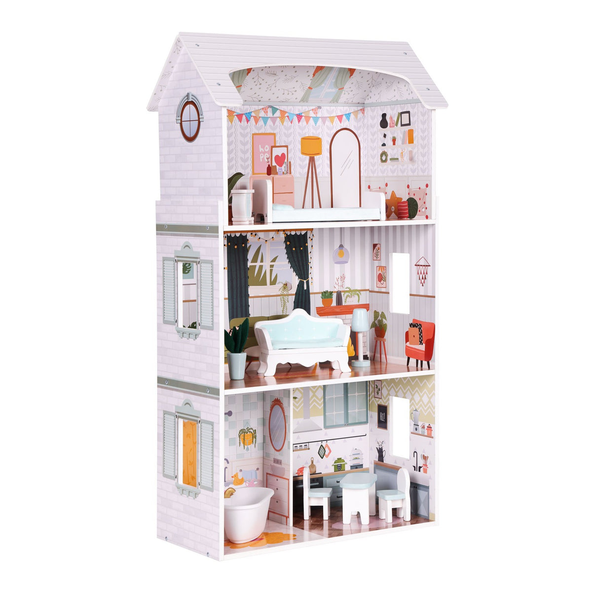 Alice Dollhouse – 3 våningar, 4 rum, set med 9 möbler ECOTOYS