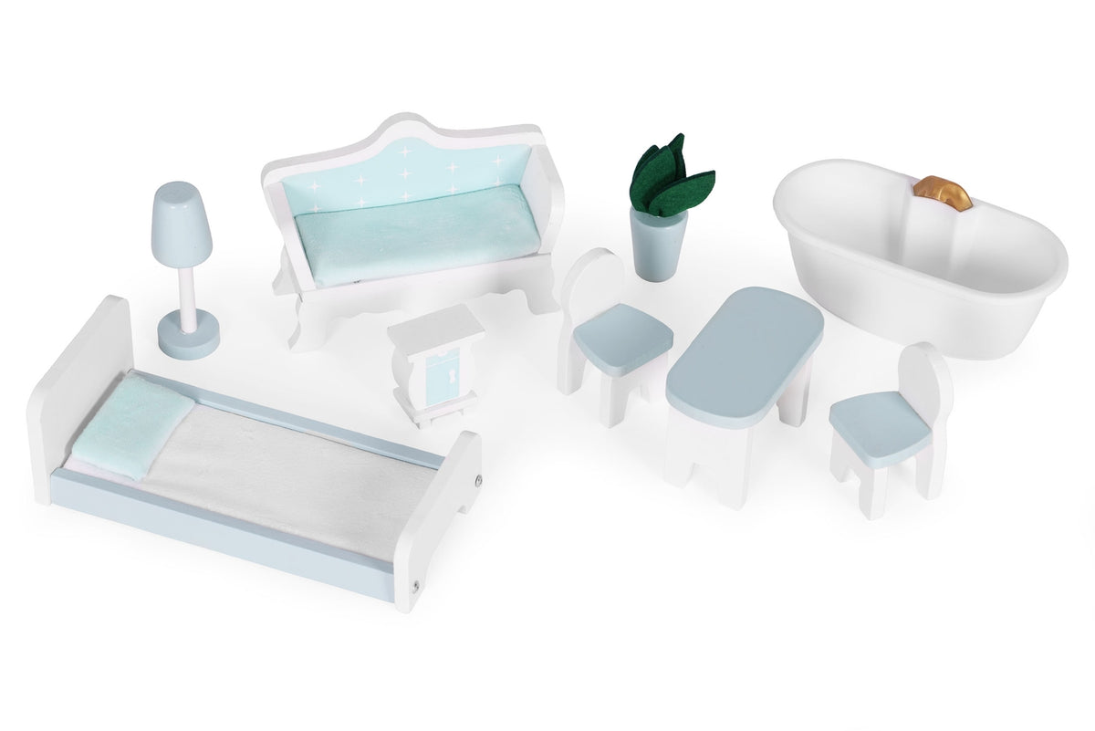 Alice Dollhouse – 3 våningar, 4 rum, set med 9 möbler ECOTOYS