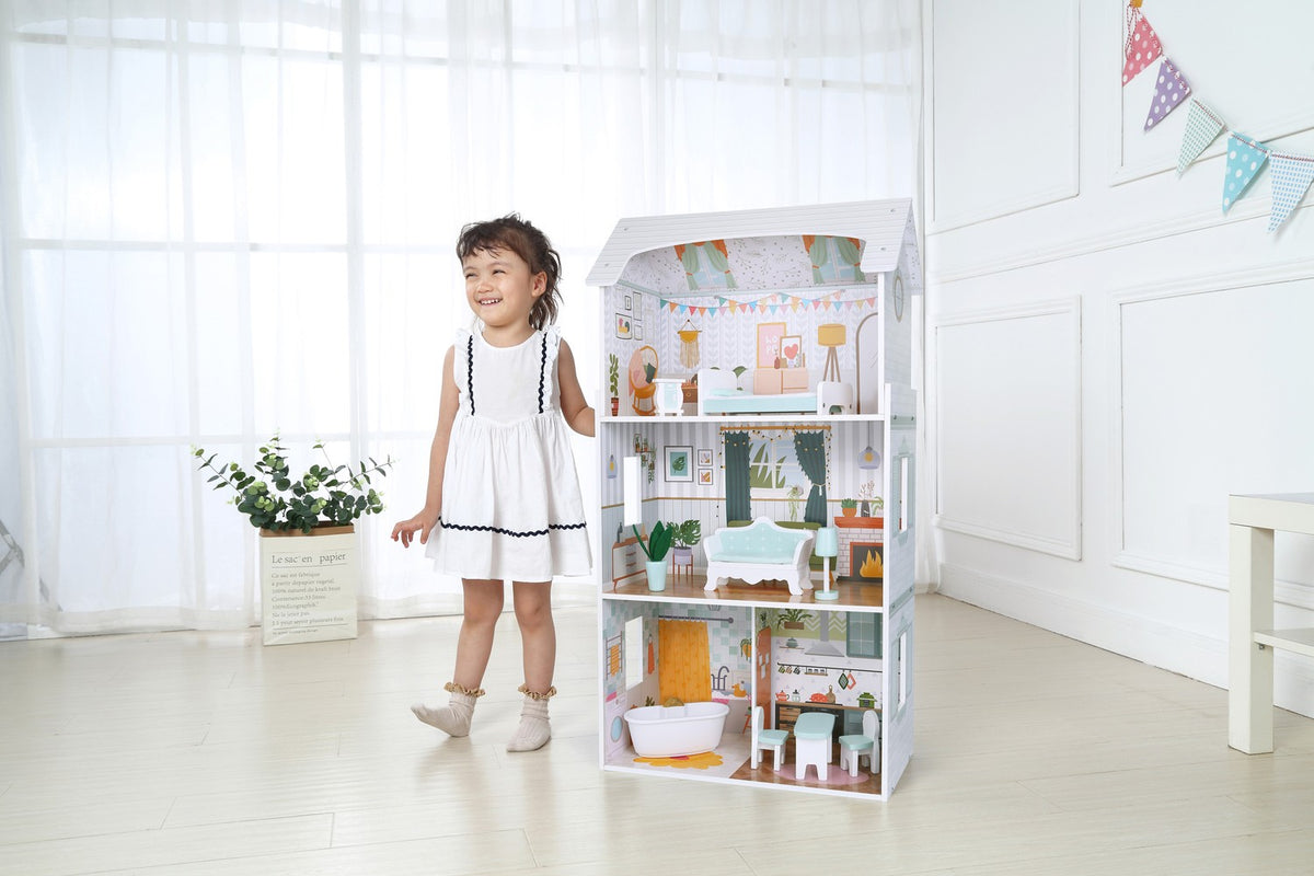Alice Dollhouse – 3 våningar, 4 rum, set med 9 möbler ECOTOYS