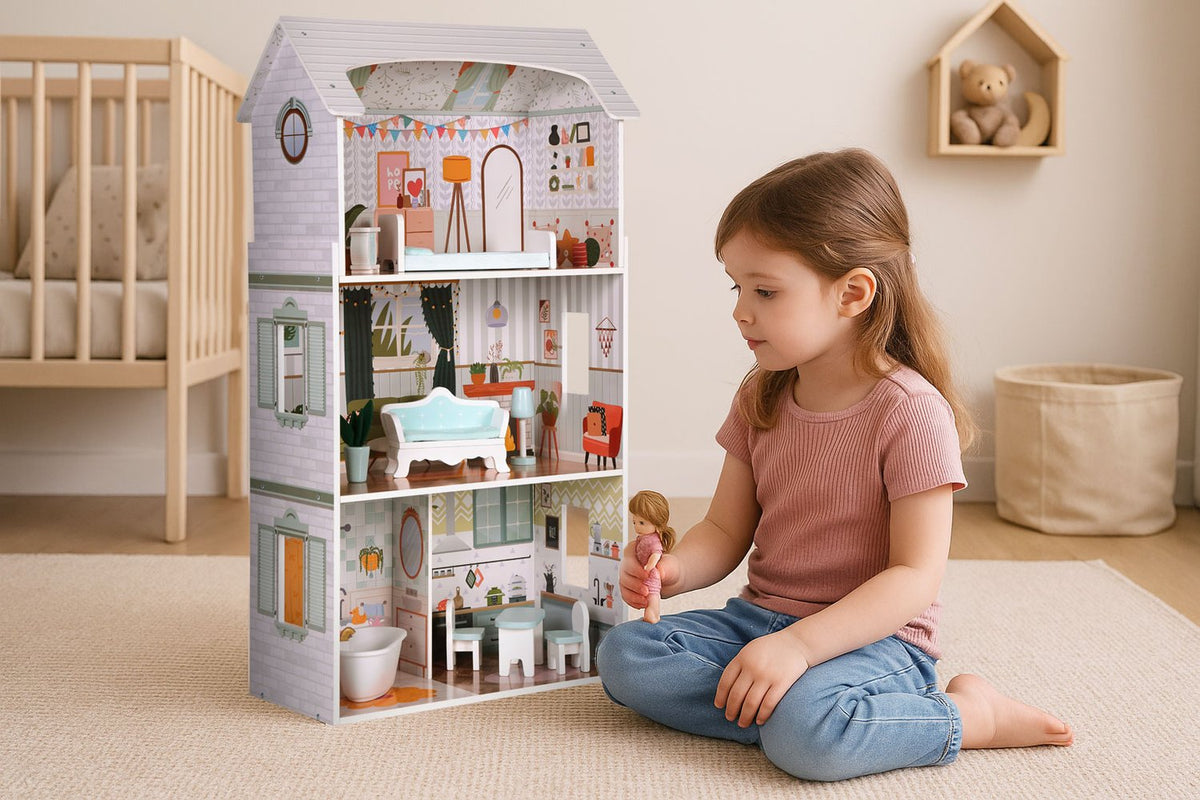 Alice Dollhouse – 3 våningar, 4 rum, set med 9 möbler ECOTOYS