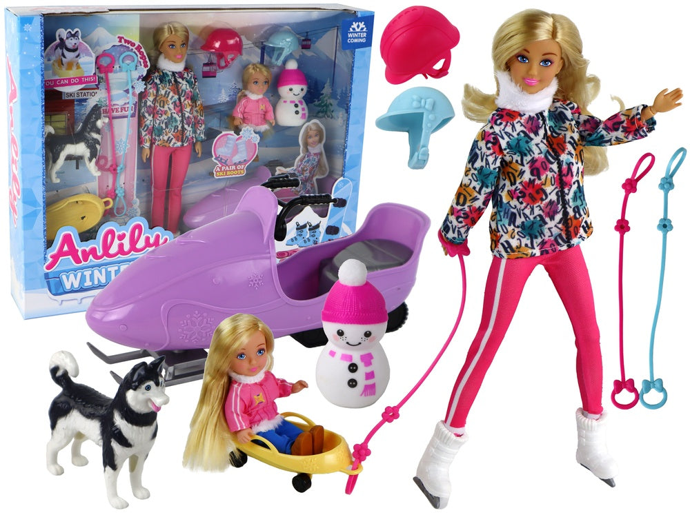 Anlily Doll med skridskor och hund för vintersport