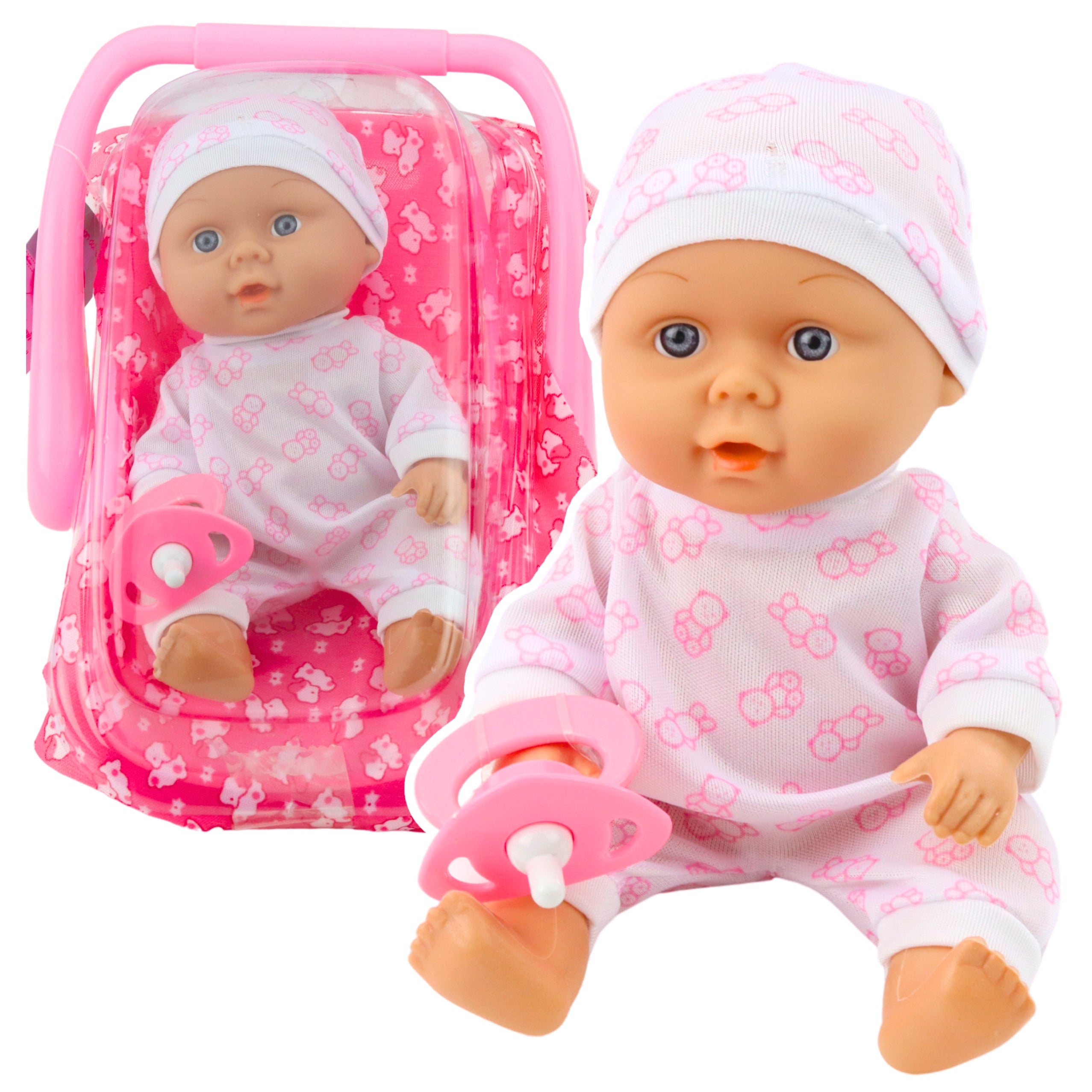 Babydocka med bärsele, pyjamas, mössa, napp - rosa