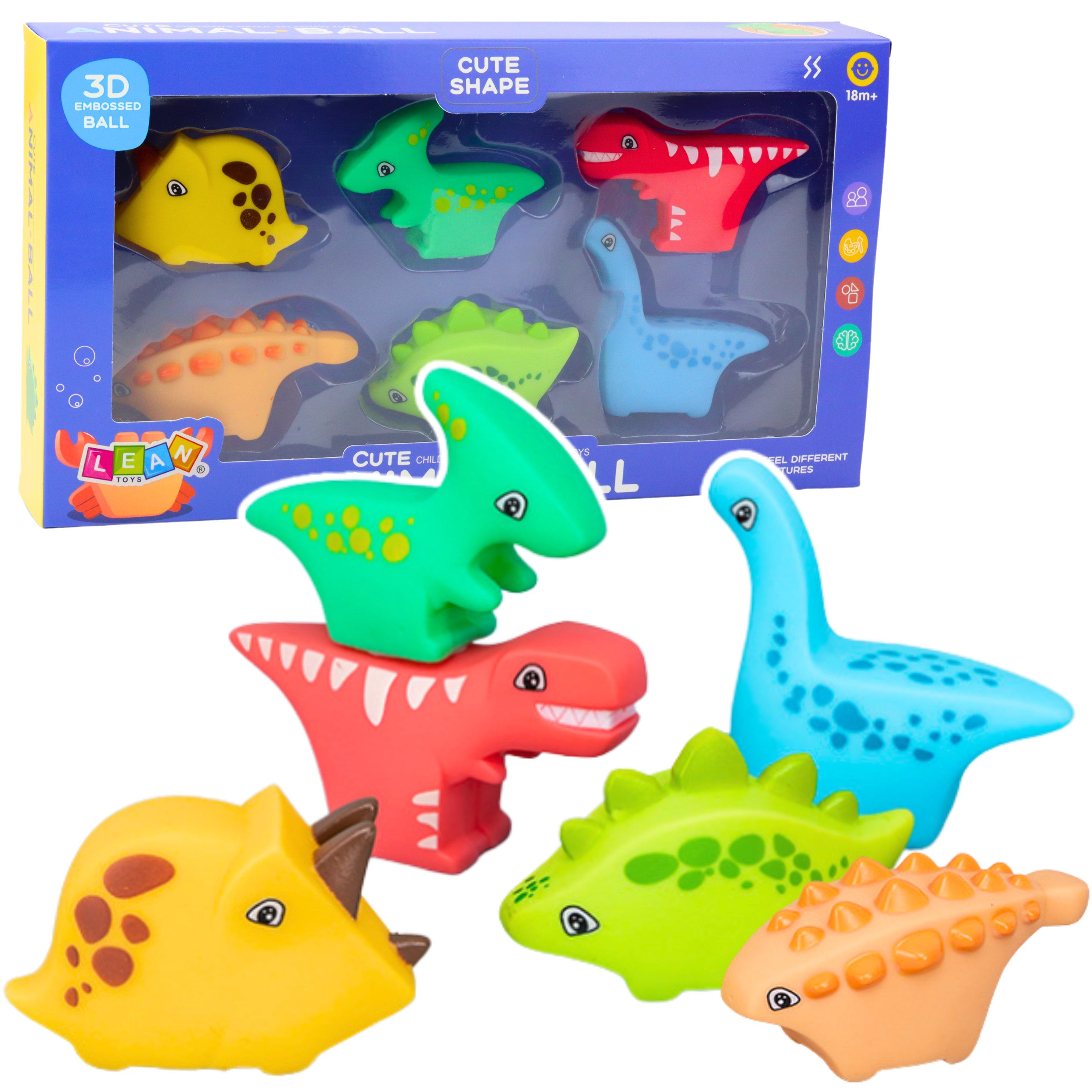 Badleksaksset av gummi dinosaurie, färgglad, 6 delar