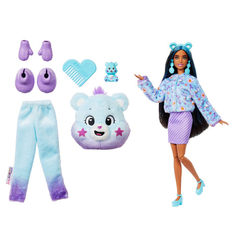 Barbie-docka med lila björndräkt och överraskningar