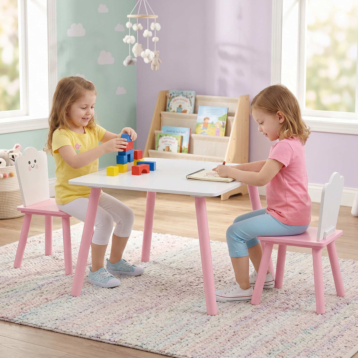 Barnbord och stolsset, 3 delar, rosa och vit
