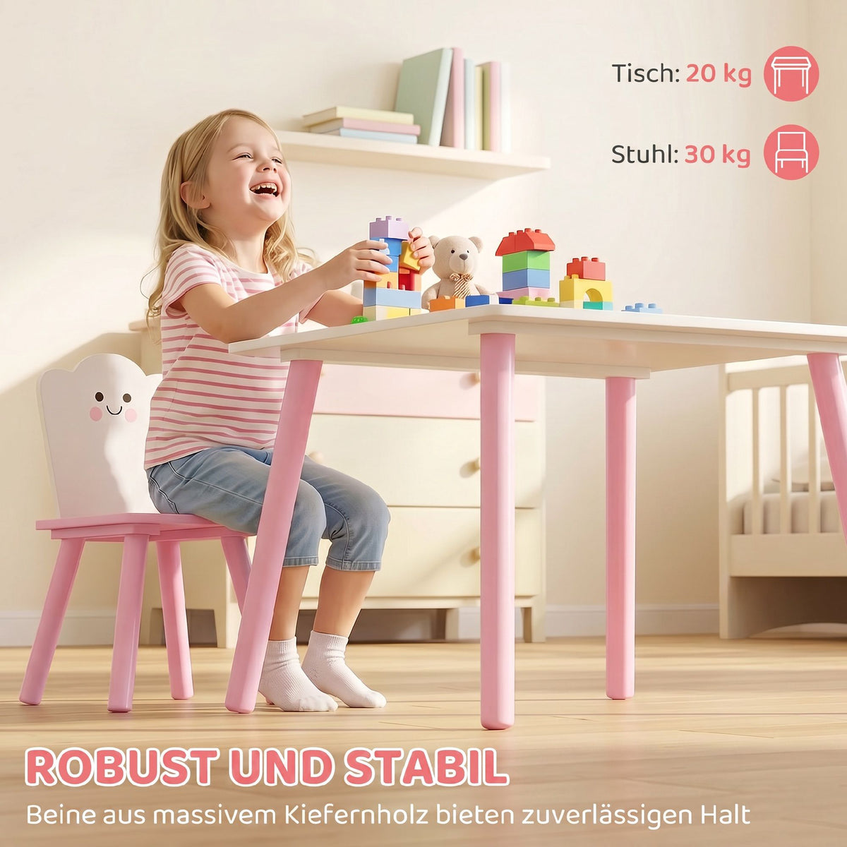 Barnbord och stolsset, 3 delar, rosa och vit