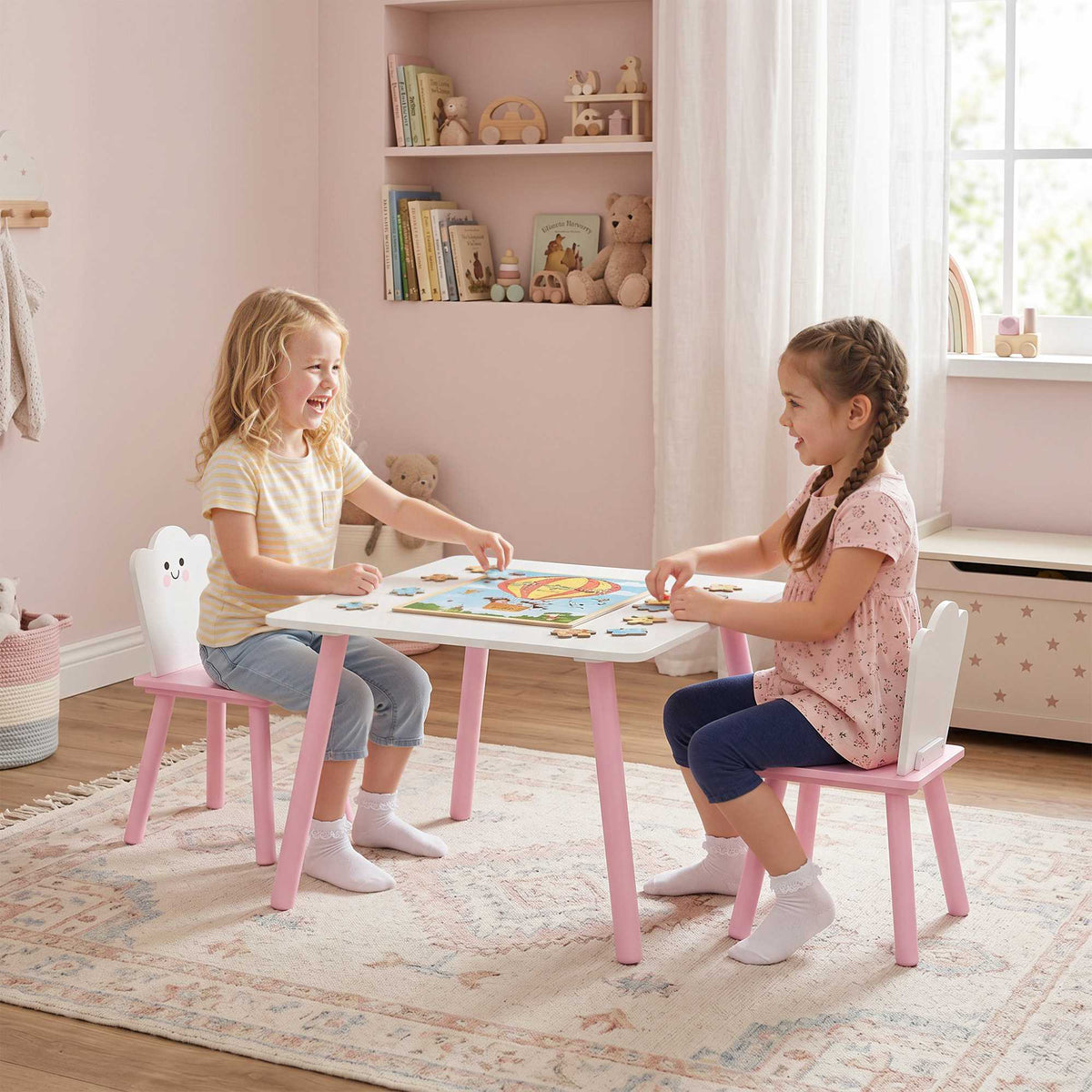 Barnbord och stolsset, 3 delar, rosa och vit