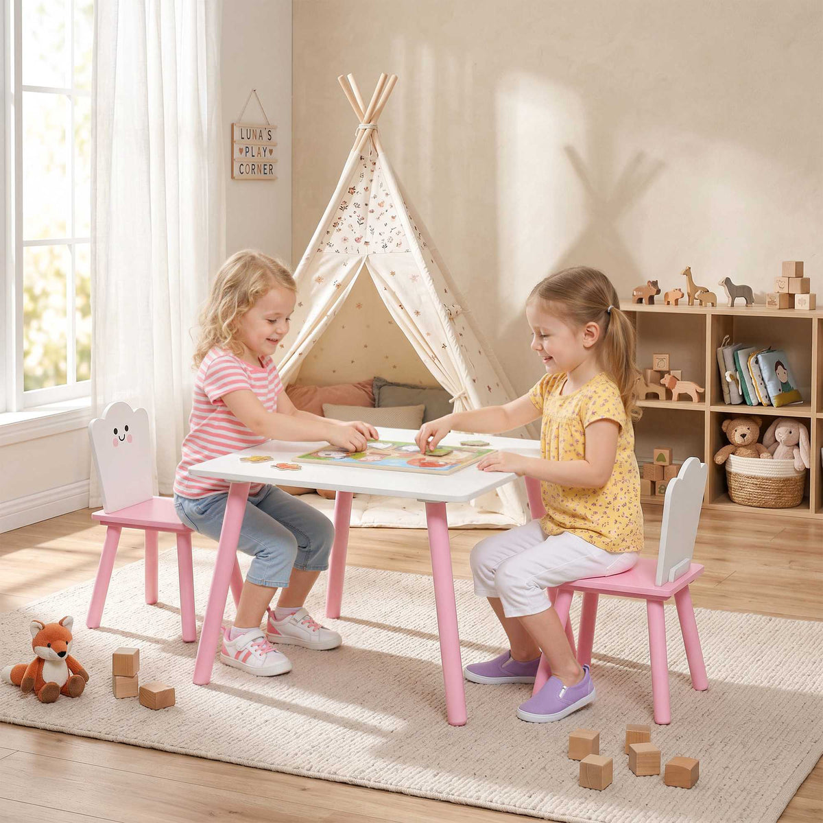 Barnbord och stolsset, 3 delar, rosa och vit
