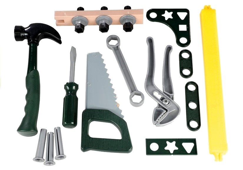 Barnverktygssats med låda, hammare, såg, verktyg