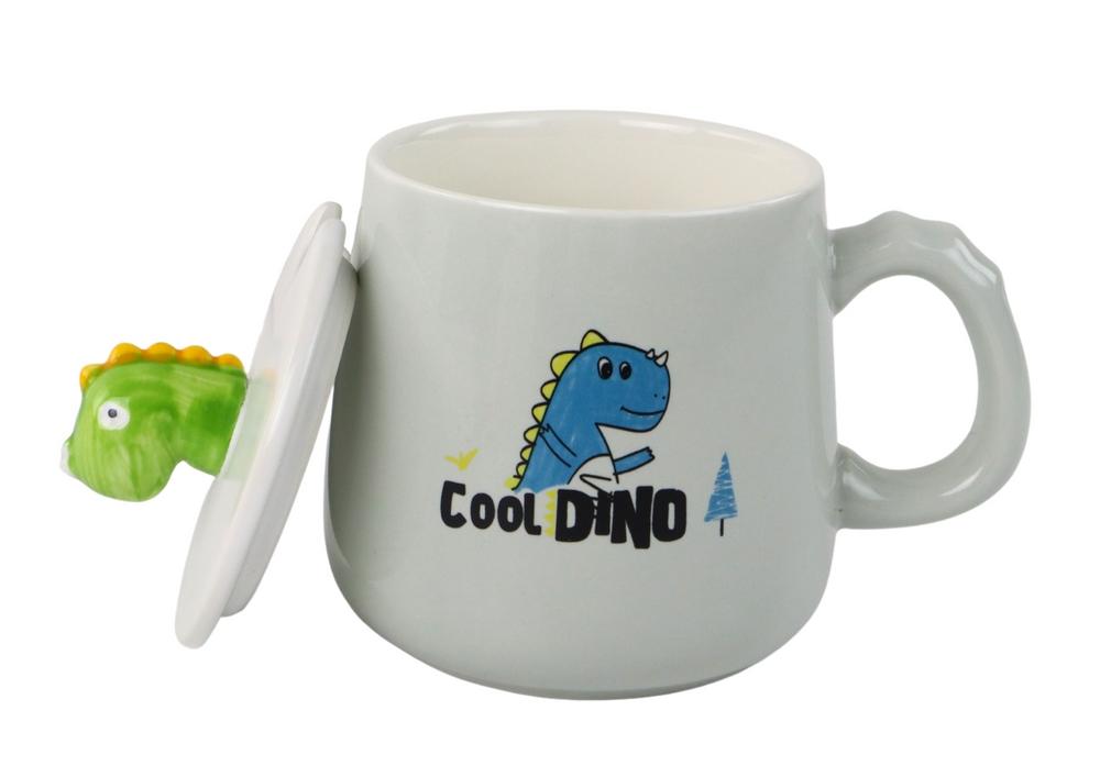 Blue Dinosaur Keramisk Mugg Set med lock & sked, 350ml