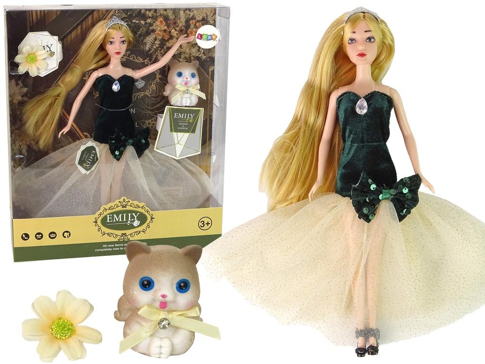 Emily Doll Set: langt hår, grønn kjole, kattunge og blomst