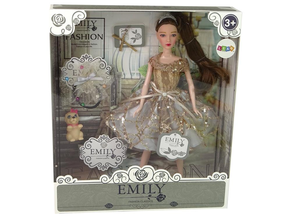 Emily Doll with Dog: Elegant kjole og langt hår, gavesæt 