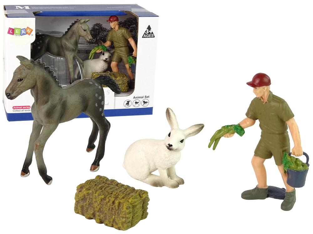 Farm Animal Figurine Set: Häst, Hare, Farmer & Hay Cube