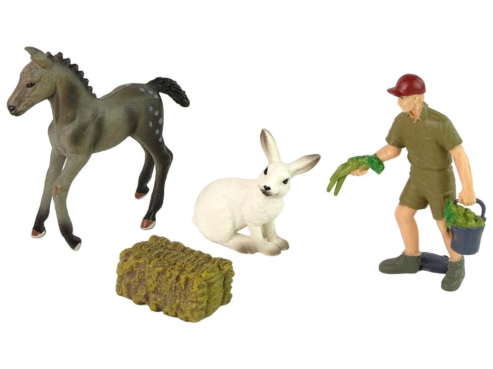 Farm Animal Figurine Set: Häst, Hare, Farmer & Hay Cube