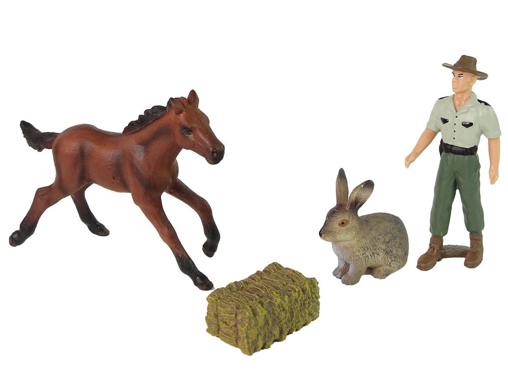 Farm Animal Figurines Set: Häst, Bonde, Hare & Hay Cube