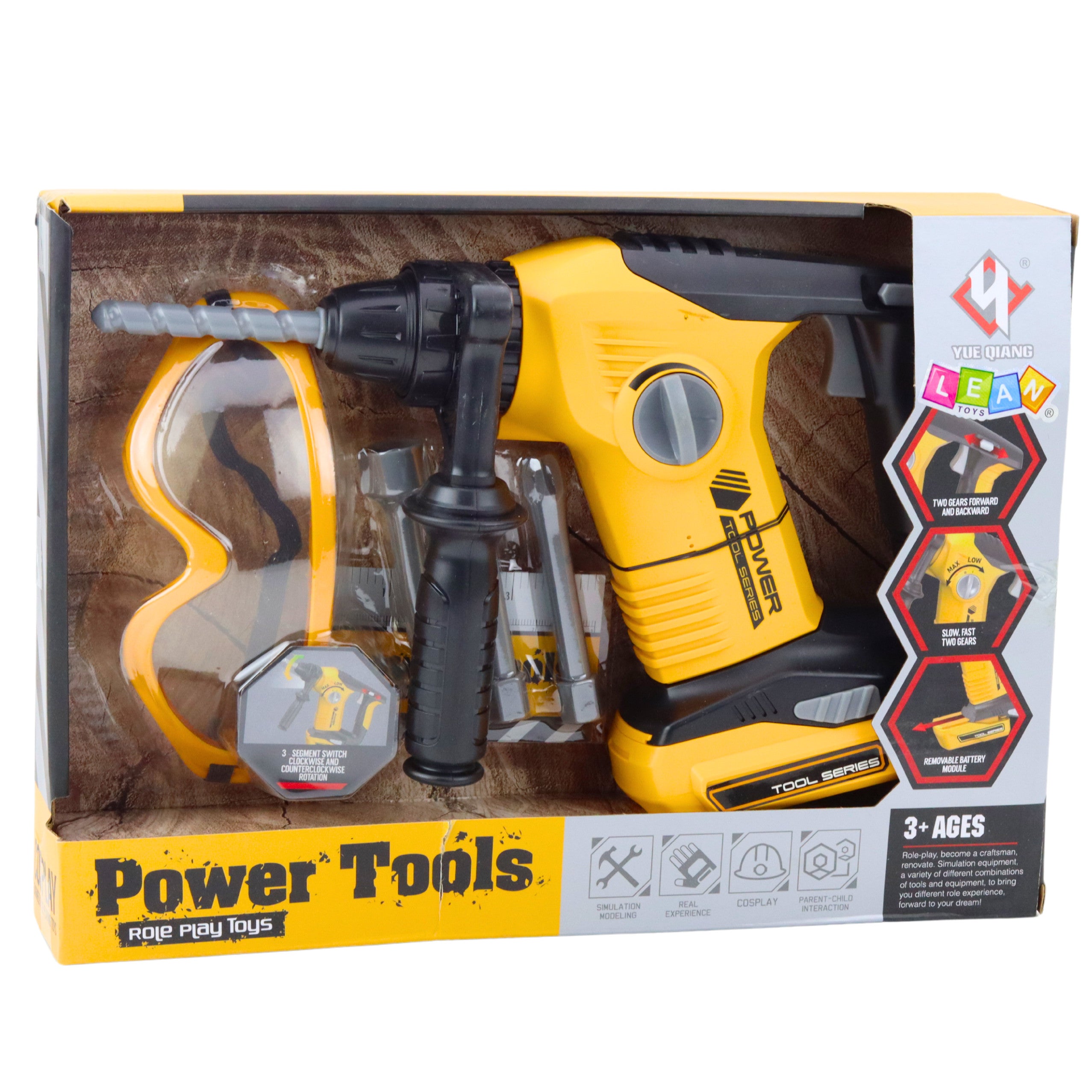 Gul leksakshammarborr för barn med 4 bits och skyddsglasögon