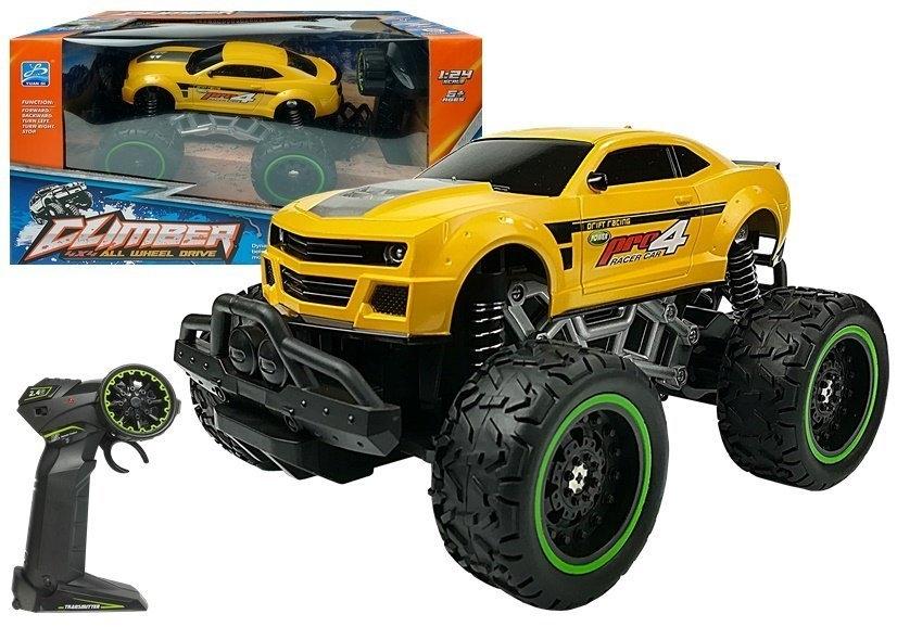 Gul offroad R/C bil med høje hjul og støddæmpere