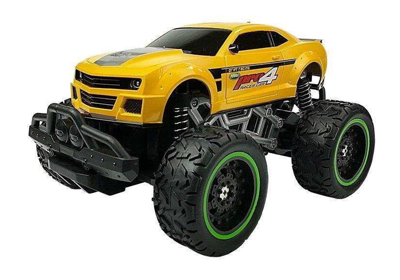 Gul offroad R/C bil med høye hjul og støtdempere