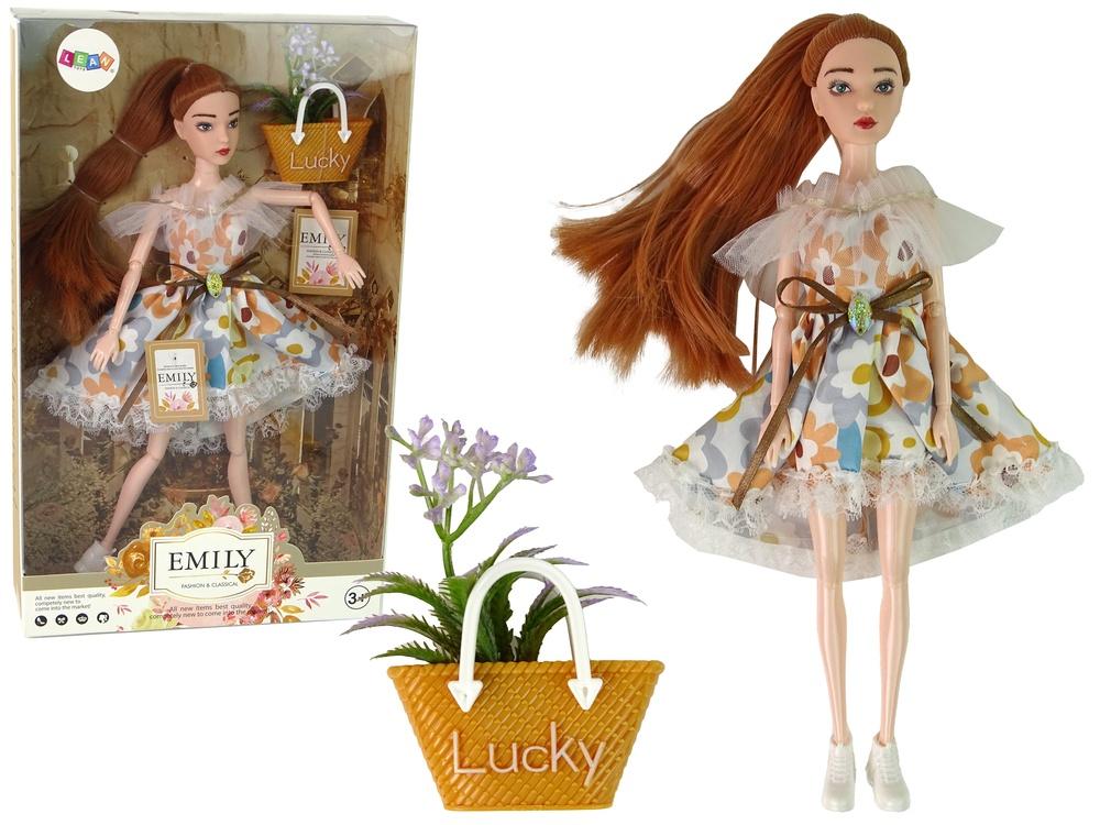 Autumn Emily Doll: Rødt hår, blomsterkjole, veske og blomster