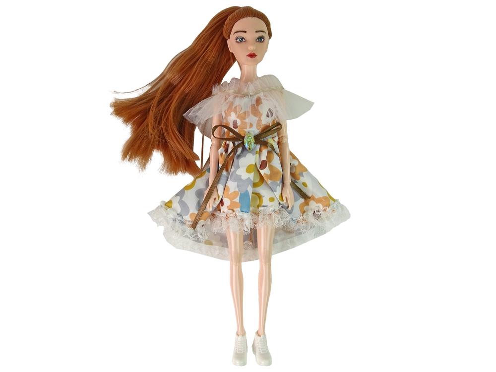 Autumn Emily Doll: Rødt hår, blomsterkjole, veske og blomster